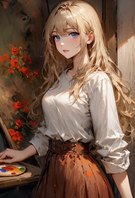 1girl, 18years old,blonde hair, one length hair, blue eyes, shirt, skirt, room, masterpiece, best quality, absurdres, cowboy shot, oil painting style, thick paint texture, visible brushstrokes, impasto technique, rich colors, glazing effects, canvas textur...