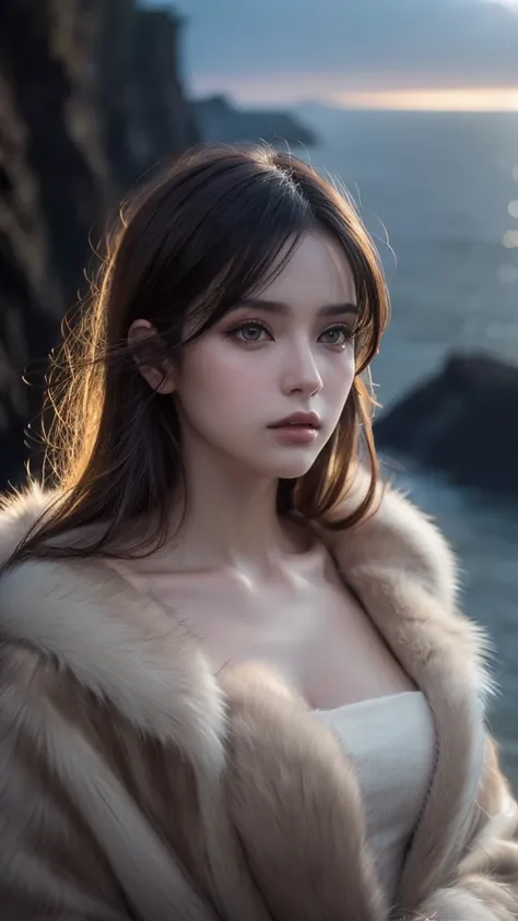 Chris (Sharp focus:1.2), photograph, Attractive Young Woman, (Beautiful Face:1.1), Detailed eyes, Seductive lips, (Smokey Eye Makeup:0.85), wear (Fur coat:1.2) To (Cliff Side:1.2). (Moody lighting:1.2), Depth of written boundary, Bokeh, 4K, High resolution...