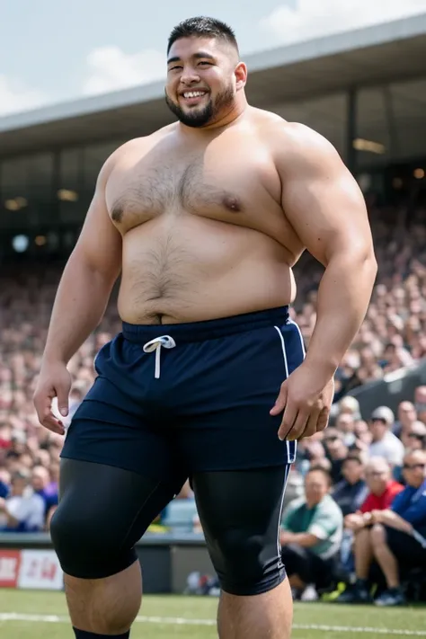 ((highest quality)), ((masterpiece)), (detailed), ((Perfect Face)), 4k, Shaved head, Young Japanese, Muscular, Fat body, Very big man, smile, ((showing off crotch)) A large Japanese man shirtless、whole body、Rugby player、Thick legs、Thick arm muscles、Intimid...