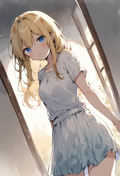 1girl, 18years old,blonde hair, one length hair, blue eyes, shirt, skirt, room, masterpiece, best quality, absurdres, cowboy shot, watercolor painting style, soft washes, transparent layers, wet-on-wet technique, bleeding colors, granulation effects, fluid...