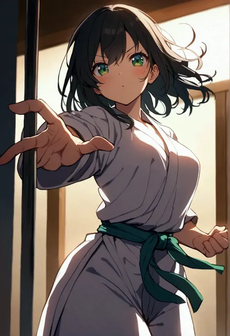 Anime girl, Long black hair, green eyes,aesthetic body, karate gi