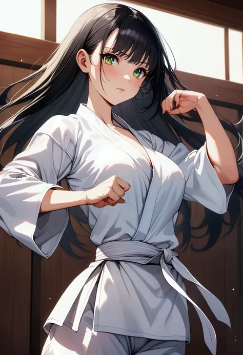 Anime girl, Long black hair, green eyes,aesthetic body, karate gi