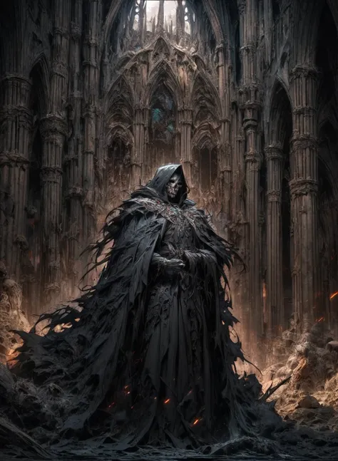 undead king wear cloak cover by blood, dark fantasy, detailed facial features, blue eyes,  eyes, bony hands, flowing tattered cloak, decaying bones, sinister expression, dark moody lighting, dramatic pose, gothic cathedral interior, intricate detailed text...