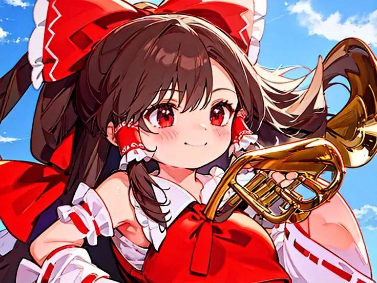 anatomically correct, high quality, 8k,cute girl,reimu,play trumpet,reimu playing trumpet,smile, fine sky background