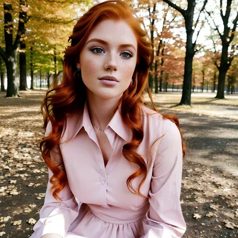 raw, portrait photo (23 year old redhead girl: 1.2), makeup, graphic eyeliner, blush, dress shirt, (choker: 0.7), realistic skin texture, light eyes (red: 0.8), soft core, warm lighting, cozy atmosphere, instagram style, work style, sit in the park (spring...