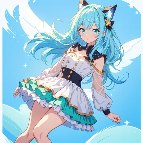 1girl、Star Fairy、Star incarnation、Character design front view、A picture facing the viewer、(((Super detailed、Highest quality、Masterpiece)))、Original cute hairstyle、Milky white and blue hair color、Simple Green Background、vtuber-fullbody,Black 8D glossy stock...