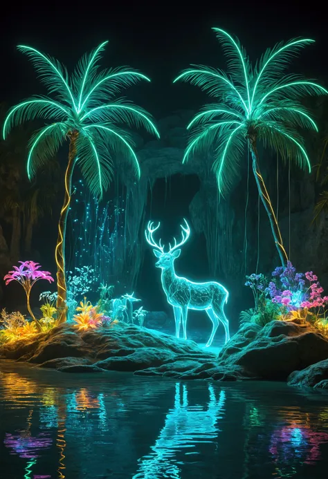 mysterious island, fantasy, colourful, bio-luminescence, neon holography, transparent materials, transparent animals, everything...