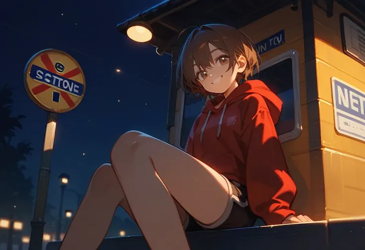 anime girl, brown hair, red hoodie, short hair, shorts, sitting down, night time, dramatic lighting, bus stop, smiling, eye level,