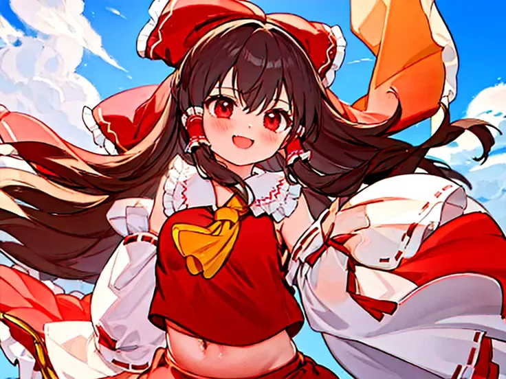 anatomically correct, high quality, 8k,cute girl,reimu,reimu holding a stick, floating trumpet,smile, fine sky background
