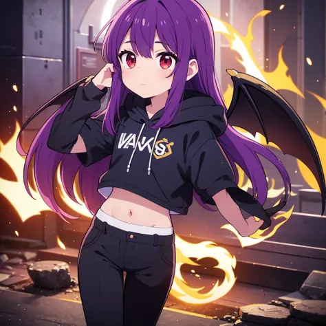 a cute anime boy with messy purple hair, red eyes, pilot goggles on his head, wearing a blue short sleeve hoodie, black pants, one black gloved hand, bat wings, controlling fire, minimalist illustration style, solo, (best quality,4k,8k,highres,masterpiece:...