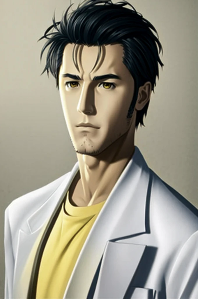 1boy, okabe, labcoat, white t shirt, yellow eyes, portrait, realistic, cosplay