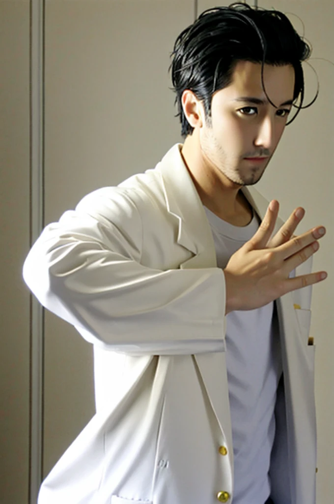 1boy, okabe, labcoat, white t shirt, yellow eyes, portrait, realistic, cosplay