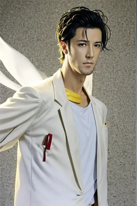 1boy, okabe, labcoat, white t shirt, yellow eyes, portrait, realistic, cosplay