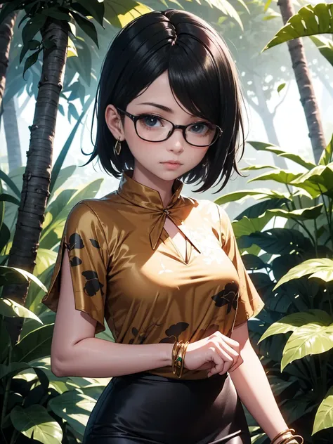 Sarada Uchiha with short hair, black eyes, goth clothes, wearing prescription glasses. She is wearing a black goth  pencil skirt, ((Ounce Print Blouse)) and fine gold jewelry, she is paradin over in the Amazon rainforest. Small