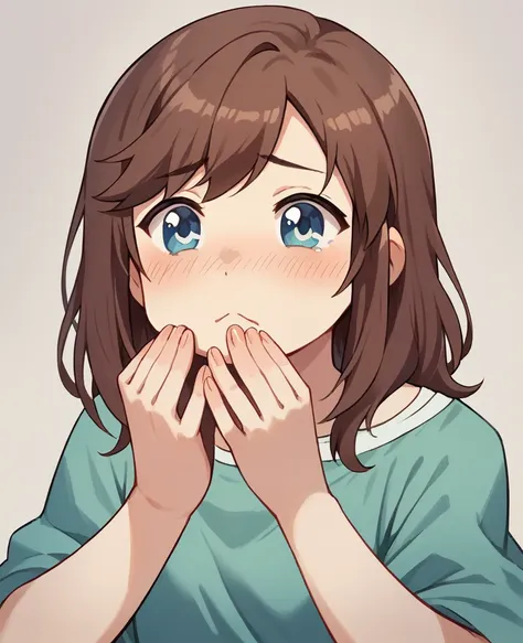 1 girl, brown hair, blue eyes, sad expression, teen, happy, cute, {{holding noses and mouth with two hands}} ,background stinky ...