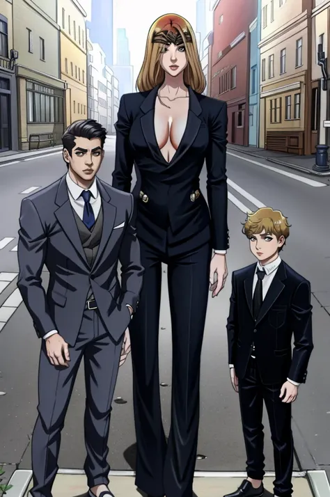 tall wife in the middle, short husband in the left, short son in the right, beautiful faces, wife is wearing suit and pants, wif...