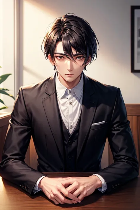 （（Tabletop））,Black-haired man, 30 years old, looking at the camera,Expressionless,Hazelnut Eyes,short hair,2 block hairstyle,Handsome face,Jacket,Suit pants