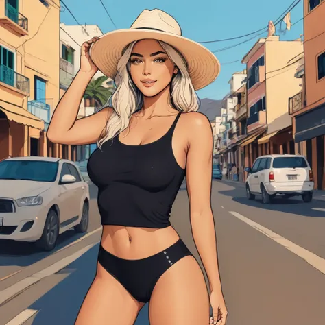 Beautiful latin american woman with tanned skin, freckles in her face, platinum blonde long hair, wearing a stylish beach outfit, minishorts, sunhat, (1 Girl), (Full Body), Beautiful face, smiling, taking a selfie pose, ((Perfect face)), ((hyper bronze ski...