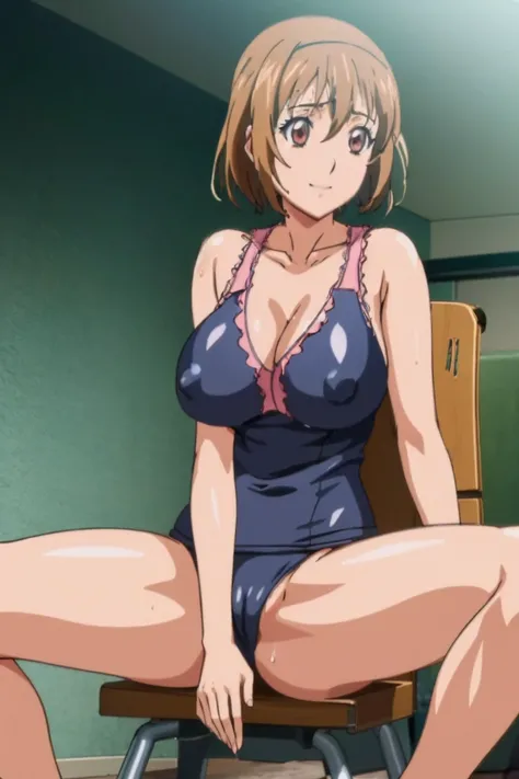 Huge , Kirigaya Naoha(Sword Art Online), One Girl, Bob Hair, Hair Clip, masterpiece、Highest quality、smile、Wet school swimsuit、Swollen nipples、Sweat all over the body、vapor、Sit on a chair、Spread your legs