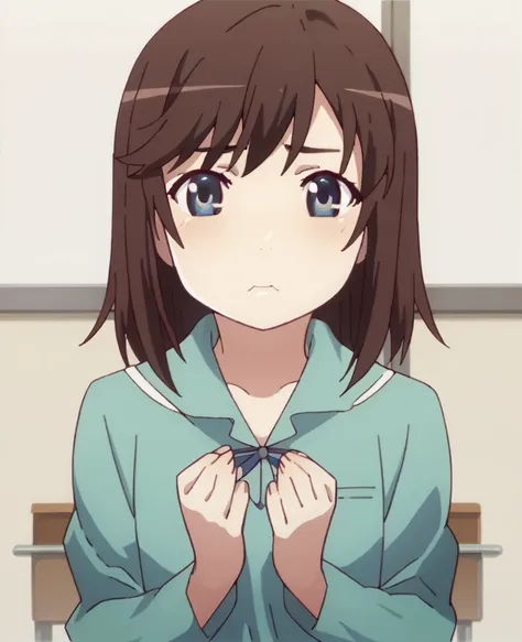 1 girl, brown hair, blue eyes, sad dusgust expression, teen, cute,hold nose and mouth with both hands , classroom background