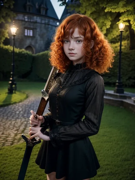 15 year old girl, Lovely, orange hair, very short, Very curly, slim, flat bust, with freckles on the face, with slavic features, with long sleeve black dress, whole body, shows her legs, in the castle garden, at night, holding a sword in his hand.