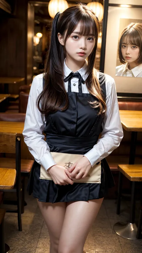 masterpiece, best quality, illustration, Super detailed, fine details, High resolution, 8K,wall paper, perfect dynamic composition,(Details High quality, realistic depiction of eyes:1.3), waitress uniform, restaurant, large breasts, pony tail、black hair co...