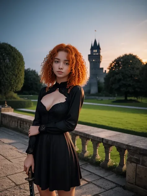 18 year old girl, Lovely, orange hair, very short, Very curly, slim, flat bust, with freckles on the face, with slavic features, with long sleeve black dress, whole body, shows her legs, in the castle garden, at night, holding a sword in his hand.