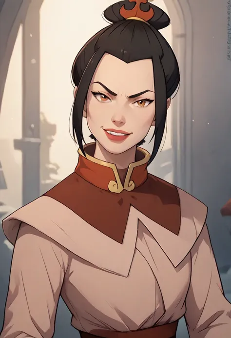 ((masterpiece, best quality)), (azula), azula smirks at viewer, lipstick, upper body: bare shoulders, skinny