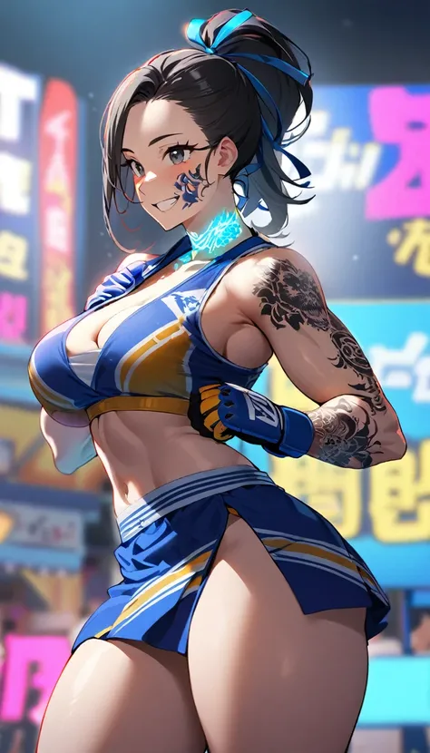 1girl,long face, tattoo on her face,matured , ponytail black hair,hair ribbons ,black eyes, ,blue skirt,joyful, standing,blue glowing dragon tattoos on her neck,glowing tattoo on her face,making a first, MMA gloves,perfect body,curvy,colourful beautiful sc...