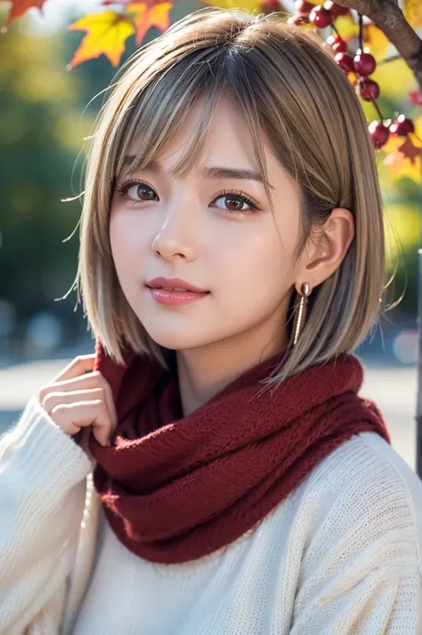 (RAW shooting), Overall image、Thick white sweater、Red scarf on neck、long earrings、Long eyelashes、Round eyes、Cheek on ear、correct、make、smile、Put your mouth in、（(Wink))、Soft lips、誘惑的なsmile、Sparkle、Darker lipstick、Cheek on nose、(Autumn leaves)、((Watery eyes))...