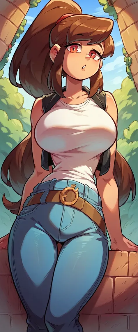 A tall girl, sexy, big breast, beautiful, cute, long brown hair, ponytail, red eye, she wears a white shirt under a short sleeveless black vest and blue jeans, a brown belt, a black heel. 