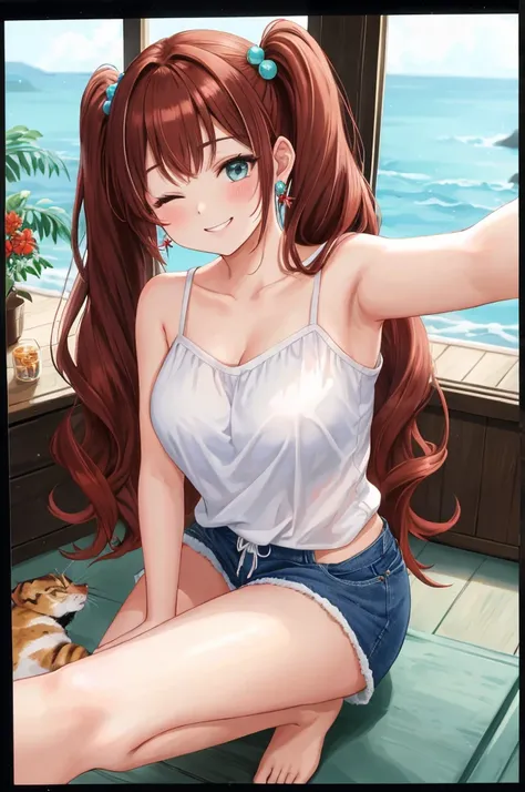 A beautiful girl taking a selfie with her phone, anime girl, inside the house, brown hair, gradient hair with red tips, long hair, twintails, wavy hair, asymmetrical bangs, shiny hair, cat hair ornament, aqua eyes, glowing eyes, one eye closed, pupils spar...