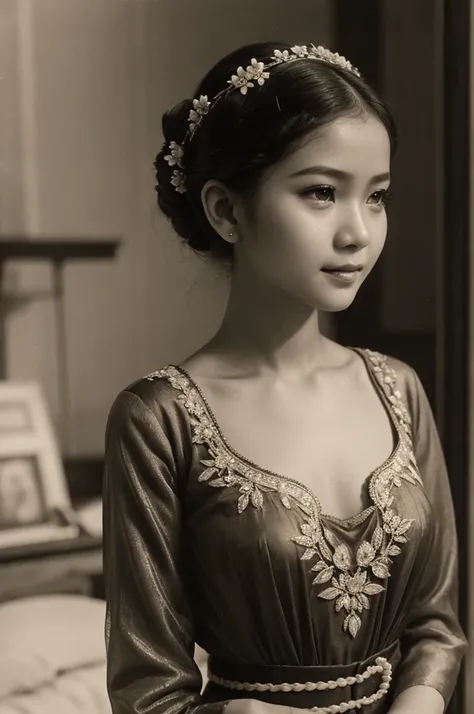 arafed photo of a young Indonesian girl in kebaya clothes, inspired by RA Kartini, kebaya photo, old sepia photography, young girl, beautiful, vintage photography, kebaya photo, antique photo, beautiful young girl, cute 18 year old young girl, young, black...