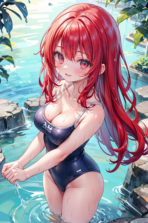 masterpiece, best quality, nsfw,
 1girl, (dark blue school swimsuit, bare shoulders), from above,
 big breasts, hanging breasts, cleavage,
 bring breasts together, puddle in the cleavage,
 red hair, smile,
 (wet body:1.5), school pool,