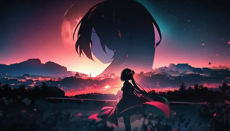 Highest quality, masterpiece, animation,Hatsune Miku gazing at the beautiful moon in the night sky,One person、Landscape, Double exposure, Light and shadow contrast、My Revolution、