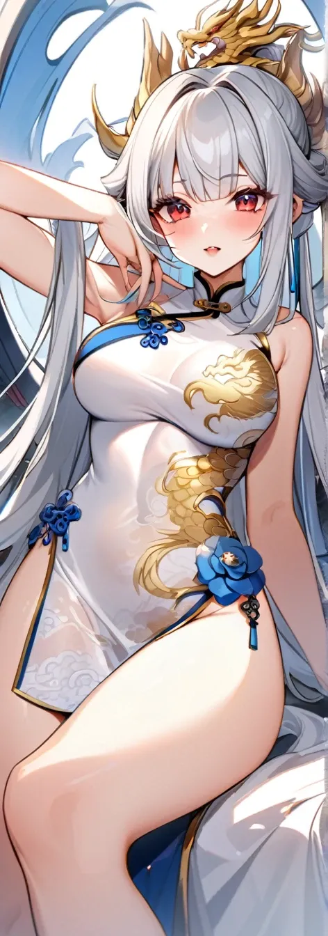 Ultimate Douluo Lan Xuanyu Golden Dragon Princess，Blue and white porcelain cheongsam，Very sexy，Silver hair, one silver and one red eyes，Fun