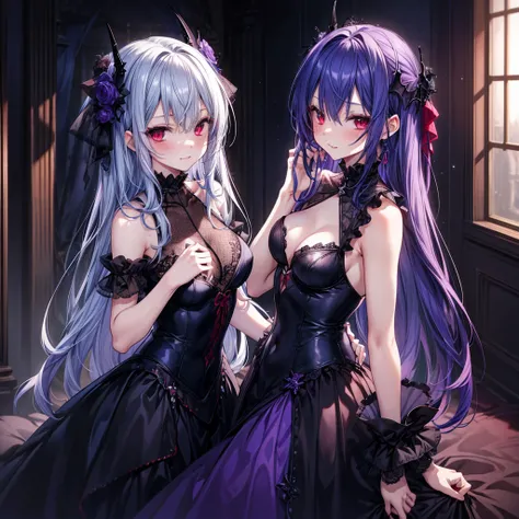 high quality, High resolution, beautiful, detailed, woman, Blue-violet hair, Mid-length hair, Red eyes, slim, blush, Mischievous(Sexual), vampire,dress, sexy, (Expose), Gothic, Dark fantasy, mysterious, complicated,