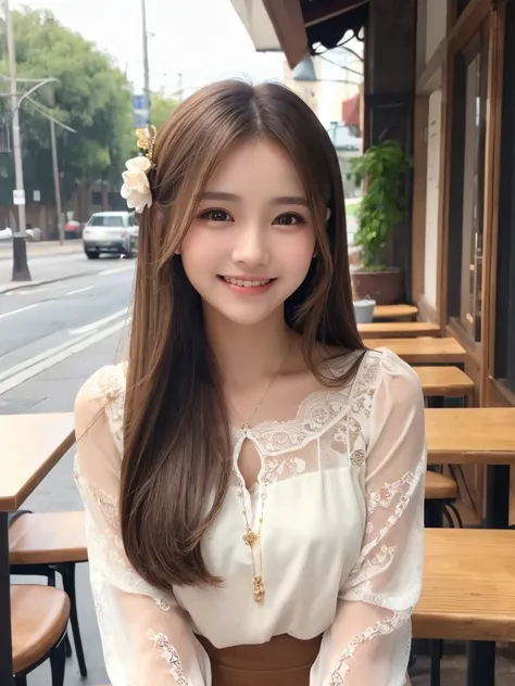 (With a girl、、Brown hair、Semi-long hair、Straight hair、hair ornaments、Light brown eyes、Laughter、、Cute Face)、masterpiece、Highest quality、Blouse with lace、Black trousers、restaurant、toast、coffee