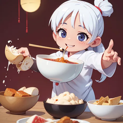 Pure white background，A baby eating with bowl and chopsticks，A smile on his face，Had a great time eating。 (high resolution), (8K), (Extremely detailed), (Best Illustration), (Best quality)