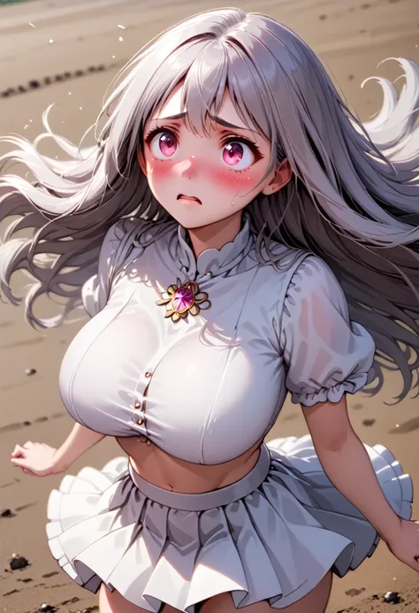 Pink eyes, Dutch Angle, look up, Anatomically correct, Highest quality, High resolution, Silver Hair, Long Hair、Fluttering in the wind、Large Breasts, Embarrassed expression、Character portrait, Cropped, Fluffy mini skirt、Inorganic place、