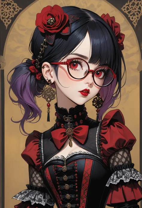 1 Girl, Glasses girl, Surprised face, surprise, pastel Gothic, Catholic Punk Aesthetic Art, gloved hands, mature Gothic woman in a fusion of Mediterranean-inspired Gothic punk fashion, Glasses, dark, Gothic. red gloves, Corset, Blending traditional Mediter...