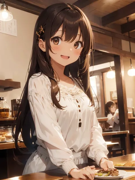 (With a girl、、Brown hair、Semi-long hair、Straight hair、hair ornaments、Light brown eyes、Laughter、、Cute Face)、masterpiece、Highest quality、Blouse with lace、Black trousers、restaurant、toast、coffee