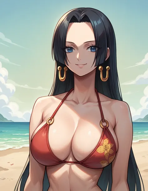 score_9, score_8_up, score_7_up, source_anime, best quality, clear face, 1girl, Boa Hancock, black hair, long hair, blue eyes, forehead, large breasts, perfect body, bikini, beach, standing, upper body, smile