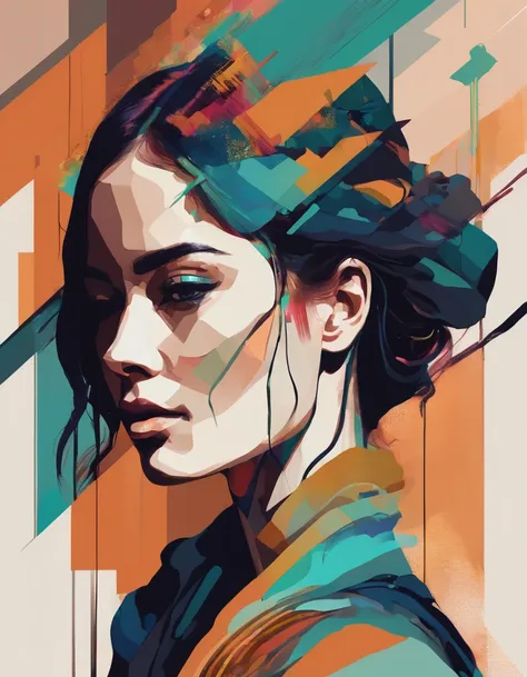 An illustration of Woman, glitch art, minimalism, in the style of modern illustration, earth colors, fantasy 