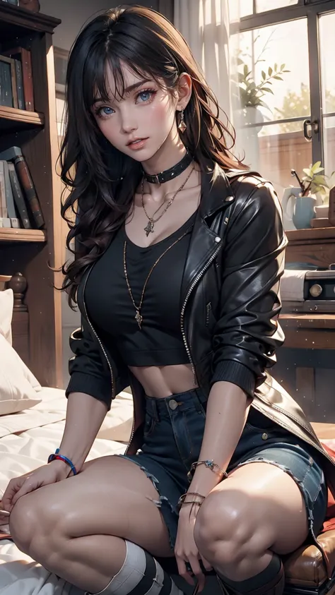 Mouth, A girl, Solitary, In a messy room, Guitar, 、Spiked collar、24 years old white female、Sexy proportions、Punk rock fashion、Black shirt、leather jacket、Leather shin guards、Gorgeous makeup、Long hair、Rosary Necklace、Rosary Earrings、Wear the spiked bracelet ...