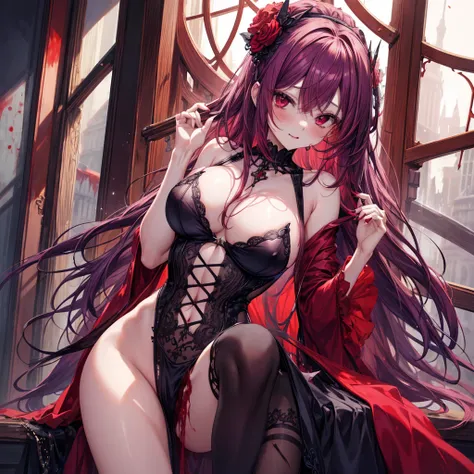 high quality, High resolution, beautiful, detailed, nsfw, woman, 1 person, Reddish-purple hair, Mid-length hair, Red eyes, slim, blush, Mischievous(Sexual), saliva, Blood, 吸Blood鬼, Torn Dress, sexy,Dark fantasy, mysterious, complicated,