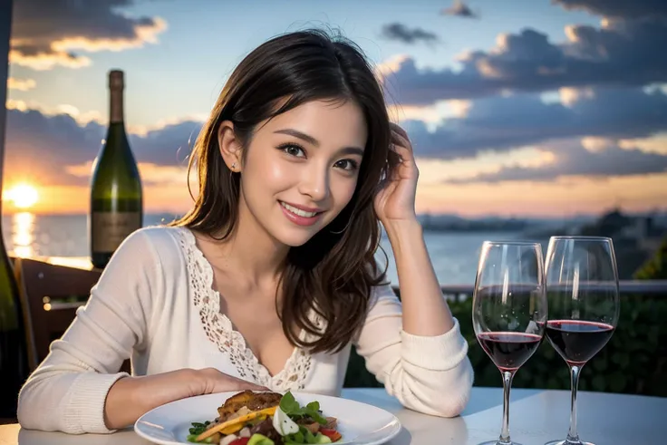 （Realistic:1.1）,(masterpiece,Highest quality)，8k,(40 years old), 42 years old, slimカップル、Model Couple、Actress/Actor、Tight waist,Upper Body,full-course dinner、wine 、Amazing view of the sunset sky and clouds、Perfect Anatomy, Brown Hair, Short Hair,Random Hair...