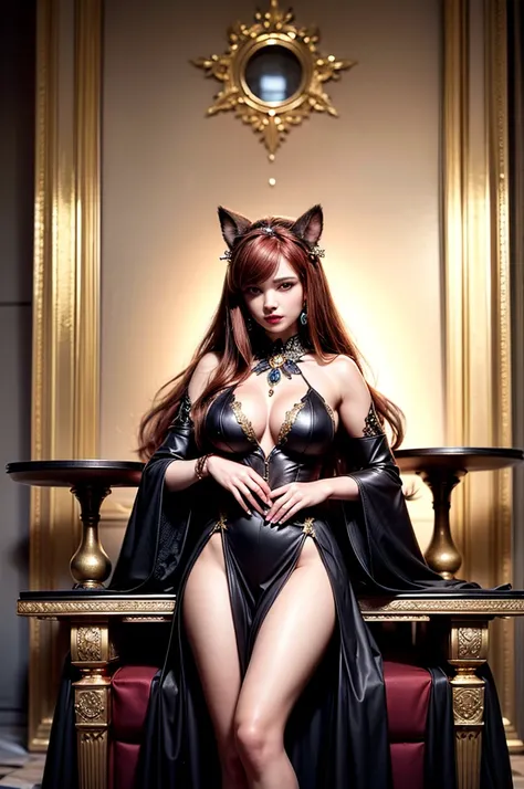 in the dark castle throne room on the huge royal throne in seductive pose siting beatiful demon queen, she have beautiful face w...