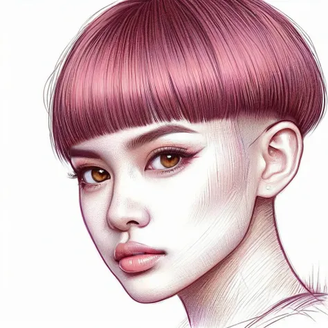  masterpiece, realistic, highly detailed, beautiful, a cute young indonesian woman, sleek straight hair, short bowcut haircut with undercut, purpled salmon haircolor, light makeup, brown eyes. detailed on the face and eye.  elegant pose. charming and calmi...