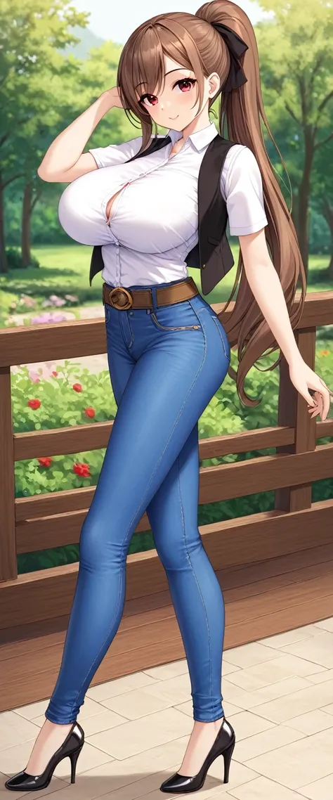 A tall girl, sexy, big breast, beautiful, cute, long brown hair, ponytail, red eye, she wears a white shirt under a short sleeveless black vest and blue jeans, a brown belt, a black heel. 